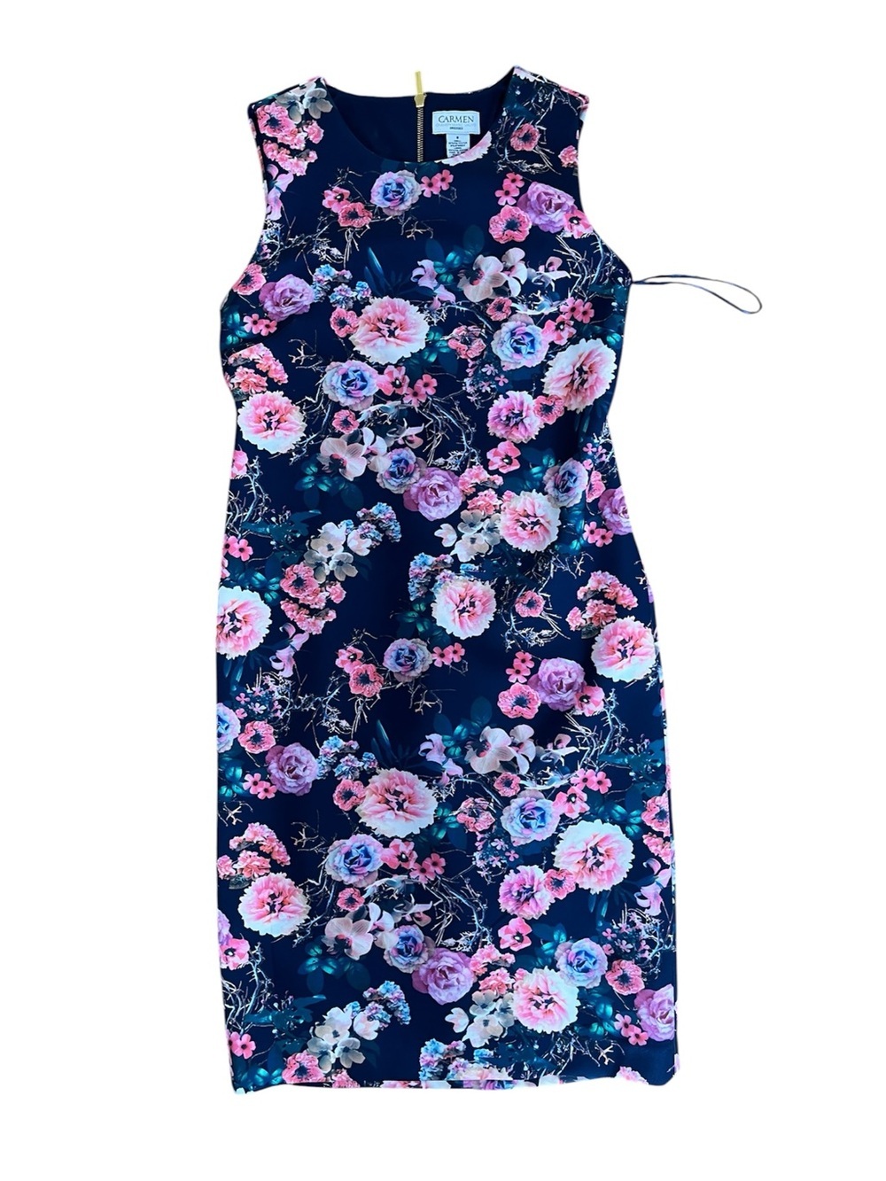 Carmen Marc Valvo Navy Bright Floral Tank Fitted Pencil Sheath Semi-Formal Dress